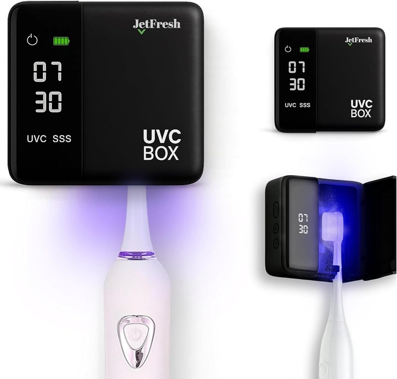 JetFresh UV Toothbrush Sanitizer Holder & Cleaner with LED Clock Display & Hot Air Drying – Wall-Mounted UV Tooth Brush Holder for Bathroom Decor, Travel Use, Rechargeable Portable Design, Fits All Brushes - Image 1